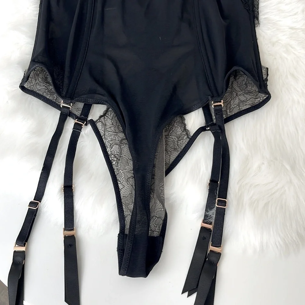 Savage X Fenty by Rihanna Black Lace & Tan Mesh Sheer Bodysuit Teddy Size Small